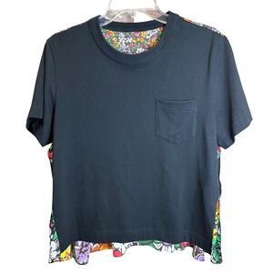 sacai Japan Black Floral Print Short Sleeve T Shirt Blouse Top Mixed Fabric